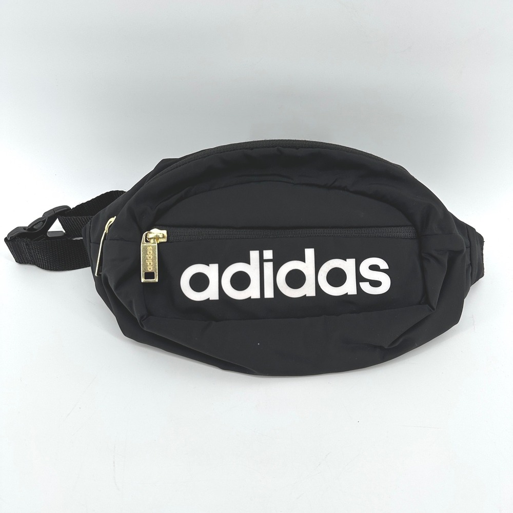 Adidas Black Waist Bag Fanny Pack Gold Zipper Logo Print 0143649